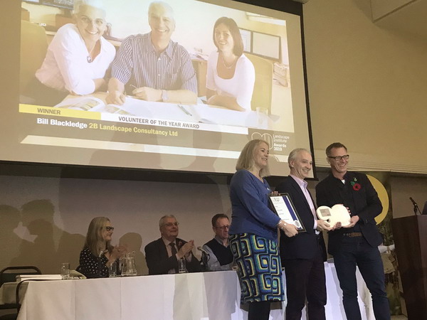 Bill Blackledge recieving the Landscape Institute Volunteer of the Year Award 2019 with president of the LI Adam White and Romy Rawlings