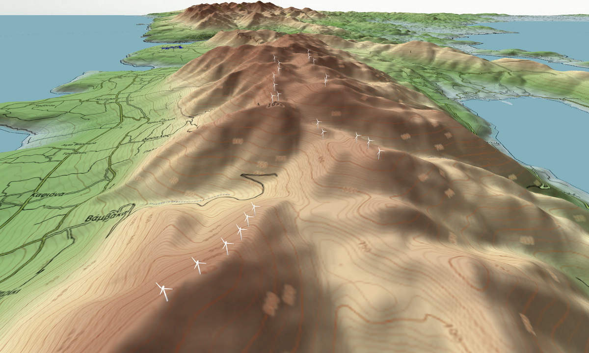 Aerial View of Combined Data: terrain, mapping and turbine locations