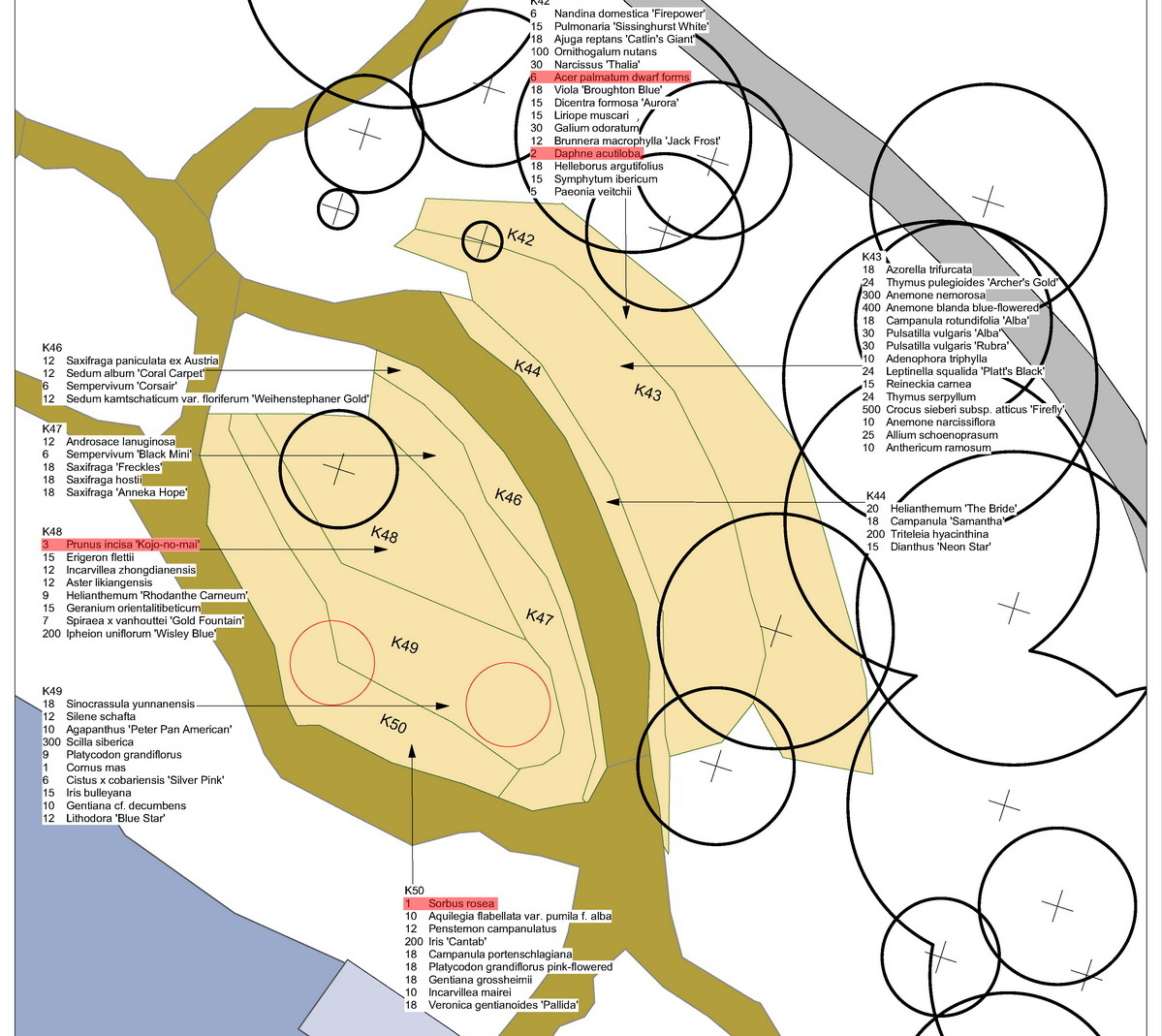 Detail of the planting plan for part of the central area