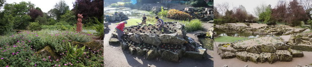 Photos of the rockery, before, during planting and first season after planting.