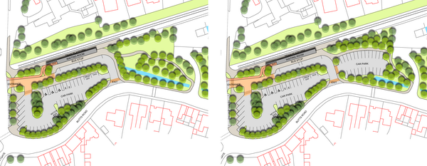 Design option 1 with and without the car park extension.